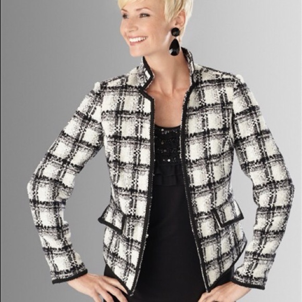 CHICO'S Samuela Wool Tweed Plaid White/black crop coat shimmer Formal 1 tailored